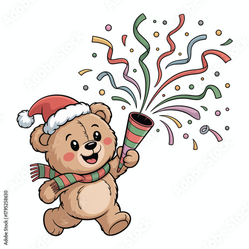 Cute cartoon teddy bear wearing a santa hat and scarf celebrating with a party popper