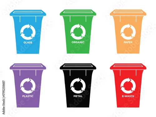 Recycling Bin Icons Set. Color-Coded Waste Segregation Vector