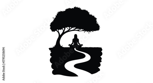 Silhouette of woman meditating peacefully under a tree with a winding path leading to her.