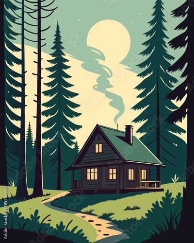 Cabin in forest with moonlight and smoke