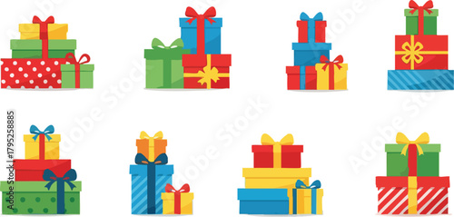 Colorful flat lay of multiple wrapped Christmas gifts with bows and ribbons in various patterns on a clean white background.