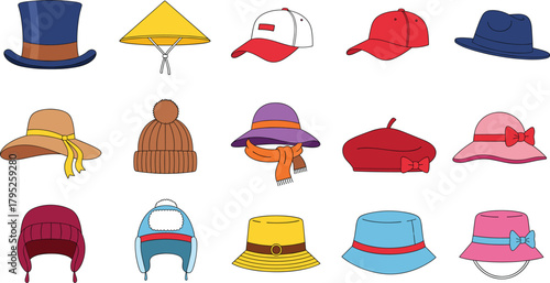 Large Vector Collection of Diverse Hats and Headwear: Featuring Cartoon Illustrations of Baseball Caps, Beanies, Sun Hats, Top Hats, Berets, and Asian Conical Styles for Various Seasons