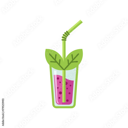 Fresh berry smoothie in glass with green leaves and straw  