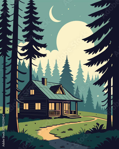 Cabin in forest at night under full moon
