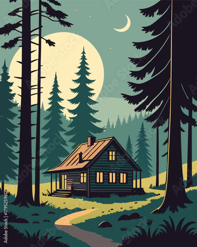 Cabin in forest under moonlight with crescent moon