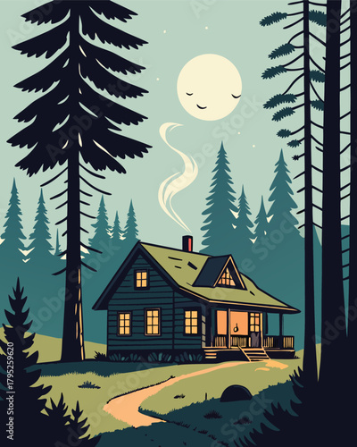 Cozy cabin in forest under moonlit sky
