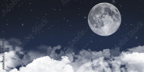Night sky. Clouds with snowflakes and stars. Christmas star. Moon at night