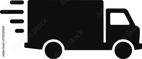Black silhouette of a moving delivery truck with speed lines, car vector