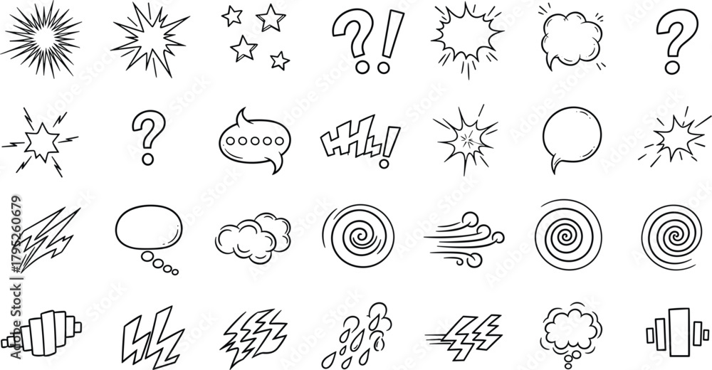 Obraz premium Illustration of a diverse collection of handdrawn comic speech bubbles, stars, and weather icons, all rendered in a simple black and white style