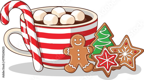 A festive holiday scene featuring a mug of hot chocolate with marshmallows, a candy cane, gingerbread man, cookies, and a small Christmas tree on a clean white background.
