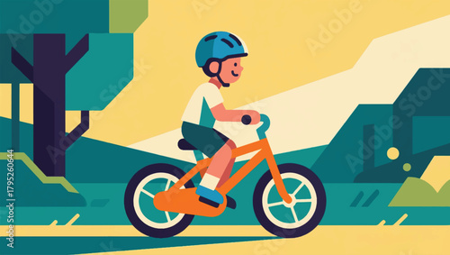 Illustration Of A Small Child Wearing A Helmet Riding A Bicycle Vector Design Template