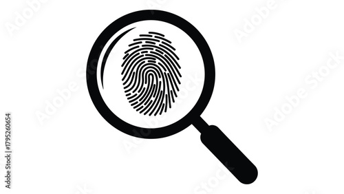 Fingerprint and magnifying glass silhouette isolated on white background, Vector