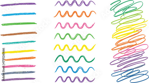Illustration of colorful crayon strokes a vibrant collection of straight and wavy lines, perfect for adding a playful touch to any design project