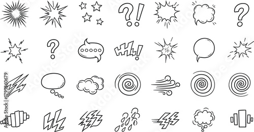 Illustration of a diverse collection of handdrawn comic speech bubbles, stars, and weather icons, all rendered in a simple black and white style