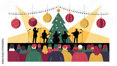 Festive Concert: A captivating illustration of a musical band, silhouetted against a stage, enchanting a crowd amidst festive Christmas decorations and a radiant tree. 