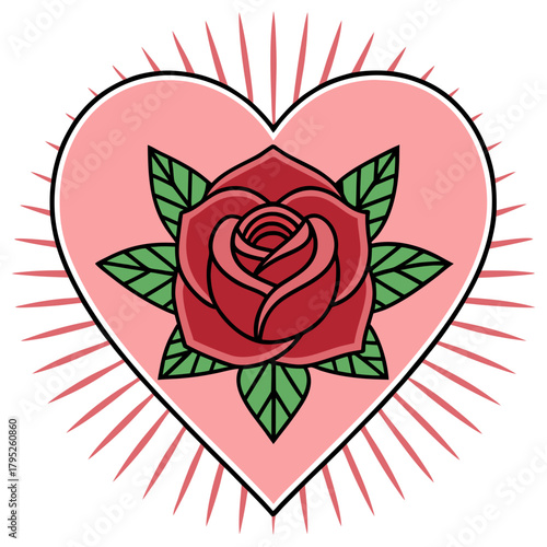 Everlasting Bloom of Affection: A stylized rose blooms vibrantly within a heart, framed by radiant beams, signifying enduring love and timeless beauty.