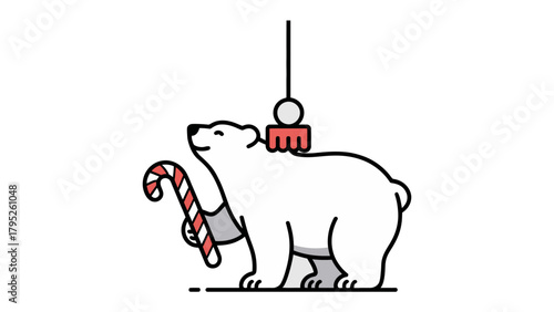 Holiday Bear Decoration: A charming illustration depicts a polar bear holding a candy cane, suspended as a festive ornament. Its adorable, minimalist design captures the spirit of the season.