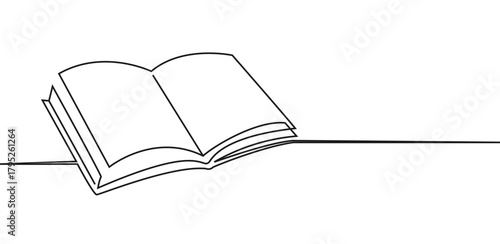Open book clean continuous one line with pages spread for education, books shop, online learning