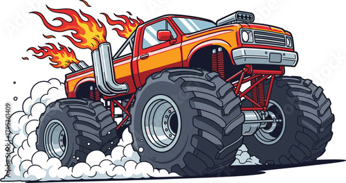 Illustration of a vibrant red monster truck with oversized tires and flames shooting from its exhaust pipes, the truck is depicted in a dynamic pose