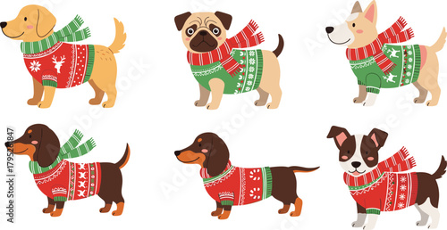 Christmas dogs vector, holiday sweater pets, festive cartoon animals, winter dog fashion, cute puppy clipart, seasonal illustration, pet celebration