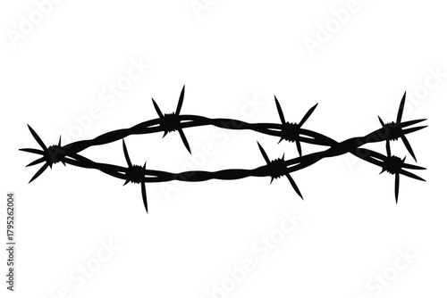 Barbed wire fence element in black silhouette, depicting security, restriction, danger, and boundary concepts. isolated graphic.