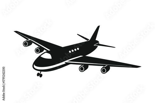 Black silhouette icon of a commercial passenger airplane for global travel, flight, and aviation design elements