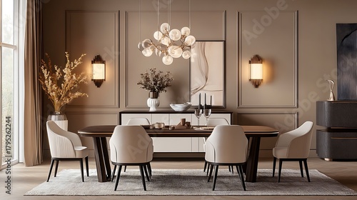 Elegant dining room interior featuring a polished wooden table with plush upholstered chairs and a modern chandelier