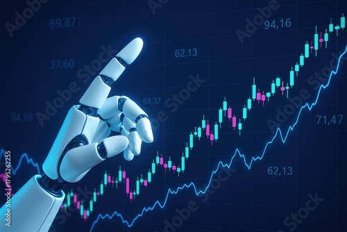 Robotic hand pointing at rising stock market chart, artificial intelligence finance