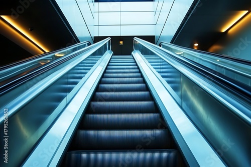 Modern escalator moving upward through a brightly lit futuristic building with sleek metallic design