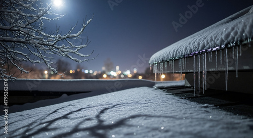 Winter night scene with snow-covered roof and icicles on eaves  
