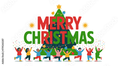 Joyful Christmas Celebration: A vibrant and cheerful illustration captures the spirit of Christmas, featuring a group of kids joyfully celebrating under a festive Christmas tree.