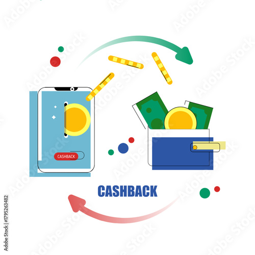 Illustration of a cashback concept showing coins moving from a smartphone to a wallet, symbolizing rewards, refunds, and digital payment benefits.