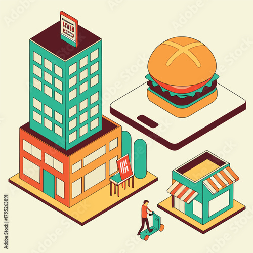 Isometric illustration of a city scene with a building burger shop and a person on a scooter