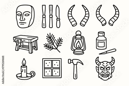 Alpine Mask Workshop Icons. Alpine Mask Workshop outline icon set: mask mold, chisel set, carving knife, wooden horns, workbench, pine branch, lantern, paint bottle, candlelight,