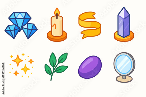 Glamorous Decor Icons. Glamorous Decor modern flat icon set: diamond cluster, candlelight, gold ribbon, crystal tower, glitter dust, leaf sprig, polished stone, mirror base.