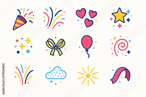 Vibrant Celebration Icons. Confetti Burst modern flat icon set: confetti popper, streamer burst, heart shapes, stars, sparkling dots, ribbon loops, balloon, swirl glitter,