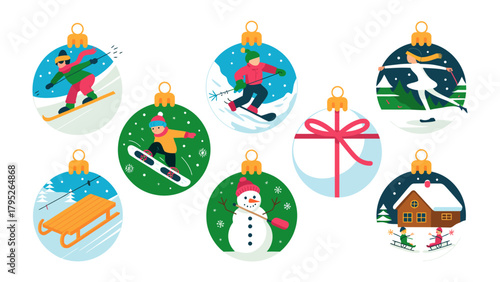 Festive Baubles of Winter Sports: A delightful collection of holiday ornaments features various winter sports scenes, showcasing the joy and excitement of the season.