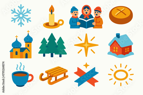 Orthodox Christmas Icons. Orthodox Christmas Winter Celebration modern flat icon set: snowflake pattern, candle in holder, caroling group, holy bread loaf, church silhouette, pine