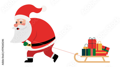 Santa's gift delivery: Cheerful cartoon of Santa Claus pulling a sled filled with Christmas presents, embodying the spirit of gift-giving and holiday season.
