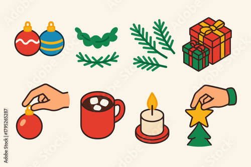 Festive Ornament Icons. Holiday Ornament Gathering modern flat icon set: baubles, tinsel, pine branches, gift boxes, cocoa mugs, candles, star topper, hands placing decor.