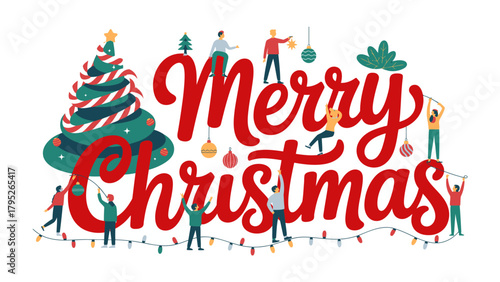 Christmas Celebration: festive scene capturing the holiday spirit with hand-drawn illustrations of people and holiday decor, conveying a message of joy and happiness.