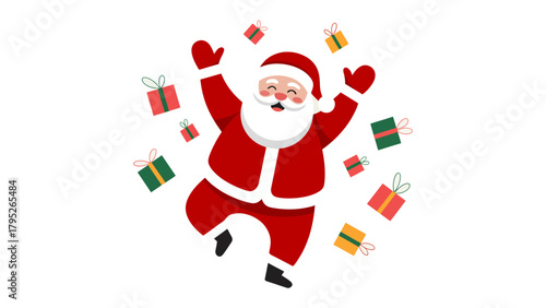 Jolly Santa: A cheerful illustration of Santa Claus with a joyful expression, surrounded by a flurry of festive gifts and ornaments, celebrating the holiday spirit.