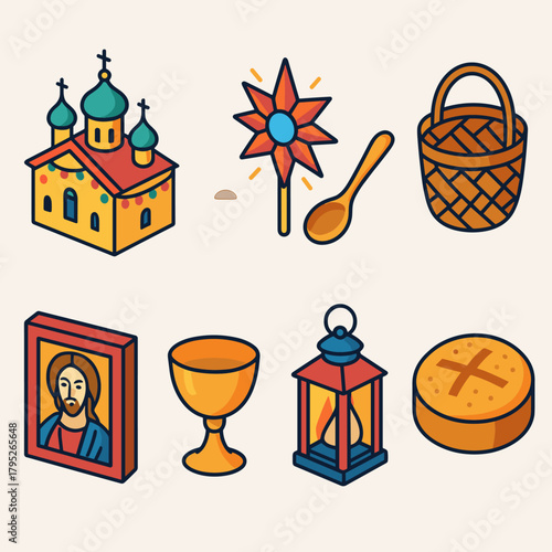 Orthodox New Year Icons. Orthodox New Year Customs modern flat icon set: decorated church, star ornament, wooden spoon, woven basket, icon painting, golden chalice, lantern light,