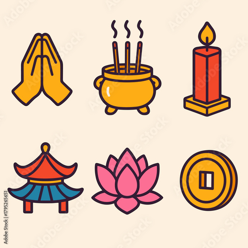 Chinese New Year Icons. Chinese New Year Spiritual Offering modern flat icon set: prayer hands, incense burner, red candle, temple roof, lotus flower, gold coin.
