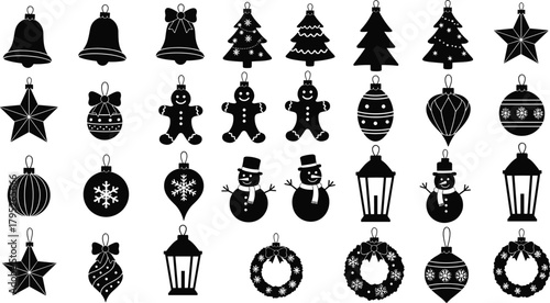 Christmas ornament silhouettes, festive holiday icons, black vector decorations, snowman bell tree star, gingerbread wreath clipart, seasonal design elements