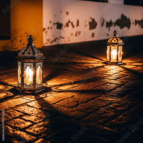 Processional Lanterns and Sevillian Street (Night Detail): A close-up of intricate, traditional processional lanterns illuminating the cobblestones and lower facades of a historic Sevillian street.
