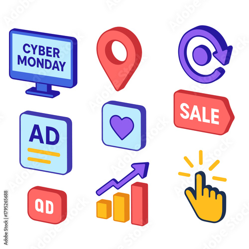 Cyber Monday Icon Set. Cyber Monday Targeted Ads modern flat icon set: monitor display, location pin, sale label, retargeting arrow, ad preview, heart wishlist, bar chart, cursor