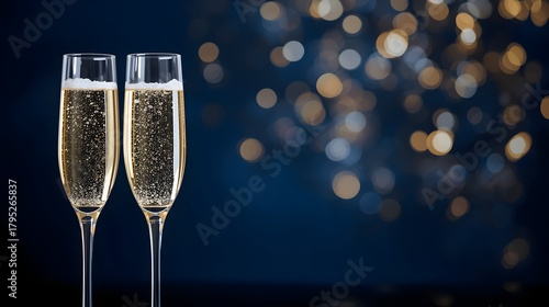 Two elegant champagne flutes filled with bubbly golden champagne stand ready for a festive celebration against a bokeh background of warm lights