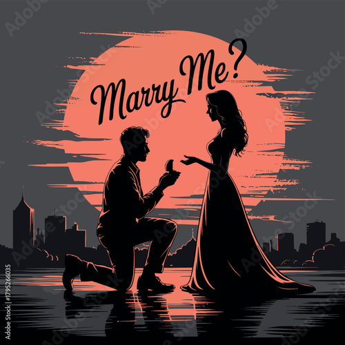 Romantic proposal unfolds as man kneels offering ring to woman against dramatic sunset cityscape backdrop
