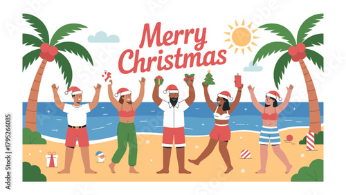 Warm Christmas Paradise: A vibrant scene depicts people on a sunny beach, celebrating the holiday with palm trees, sunshine, and festive attire, creating a tropical Christmas ambiance.